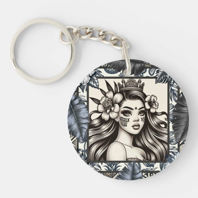 Polynesian Princess Blue Floral Tribal Key Ring (Front)