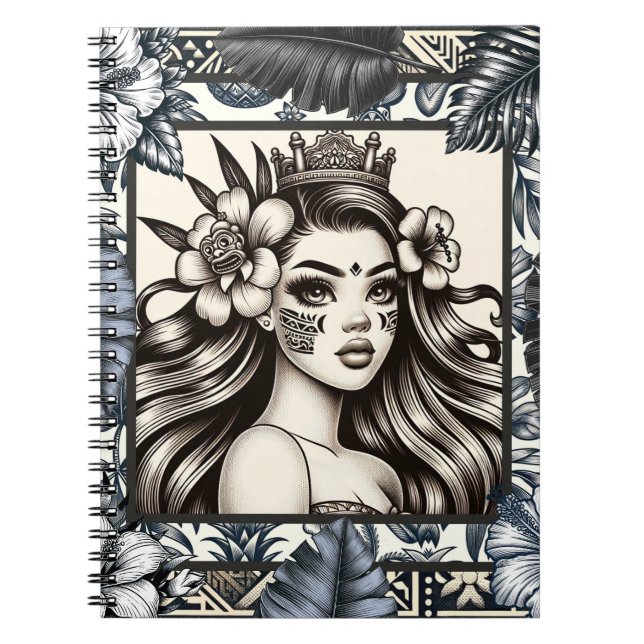 Polynesian Princess Blue Floral Tribal Notebook (Front)