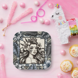 Polynesian Princess Blue Floral Tribal Paper Plate