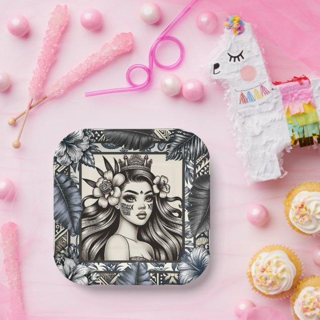 Polynesian Princess Blue Floral Tribal Paper Plate (Party)