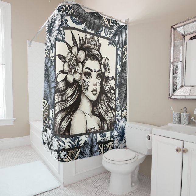 Polynesian Princess Blue Floral Tribal Shower Curtain (In Situ)