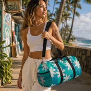 Polynesian Tiare Flower Teal Tropical Travel Duffle Bag