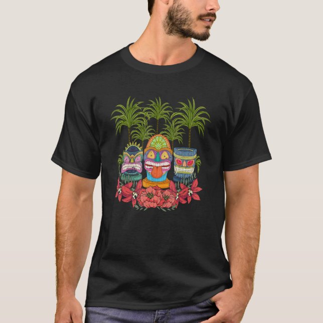 Polynesian Totem Hawaiian Tiki Mask Palm Trees Tik T-Shirt (Front)