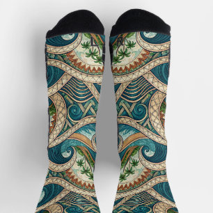 Polynesian Tropical Wave Palm Trees Pattern Name Socks