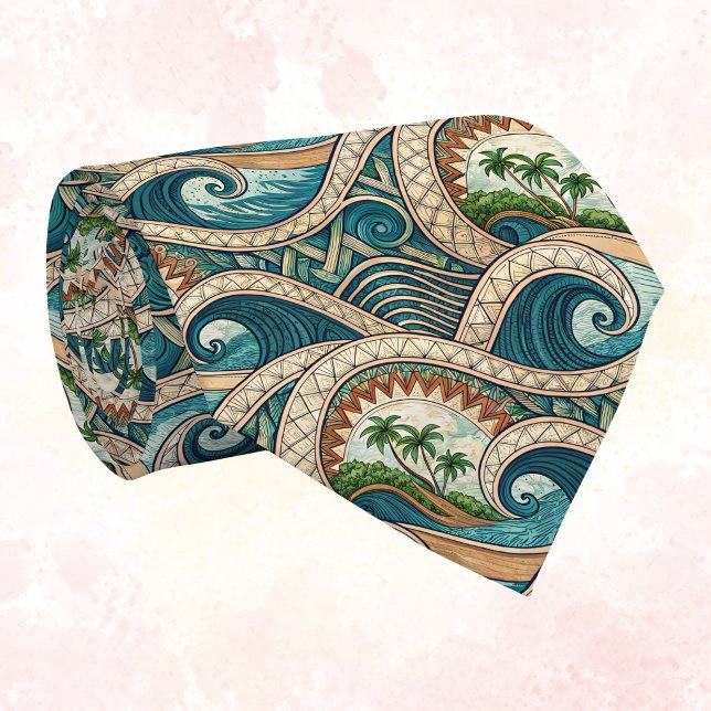 Polynesian Tropical Wave Palm Trees Pattern Name Tie (Creator Uploaded)