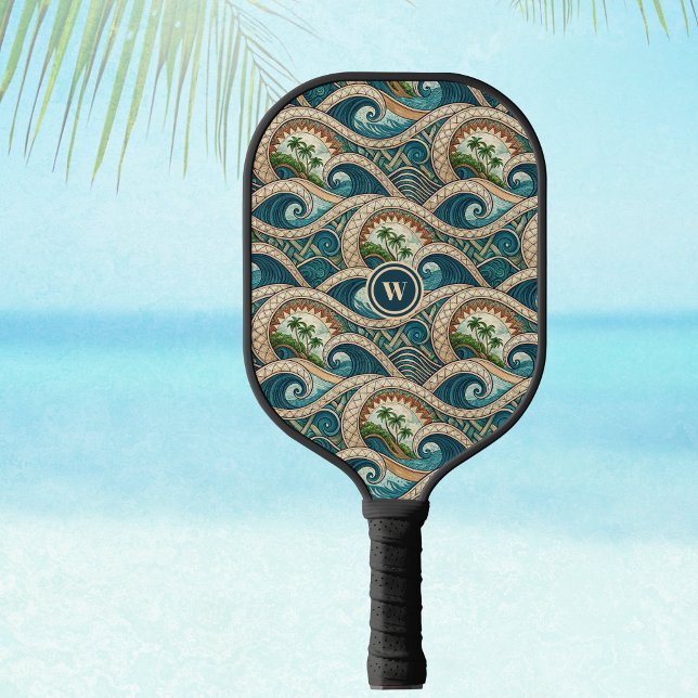 Polynesian Waves and Palm Trees Retro Monogram Pickleball Paddle (Creator Uploaded)