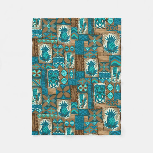 Pomaika’i Tiki Hawaiian Vintage Tapa Fleece Blanket (Front)