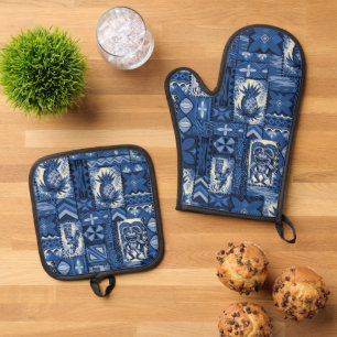 Pomaika’i Tiki Hawaiian Vintage Tapa Indigo Oven Mitt & Pot Holder Set