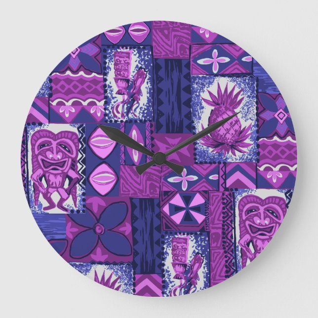 Pomaika’i Tiki Hawaiian Vintage Tapa Large Clock (Front)