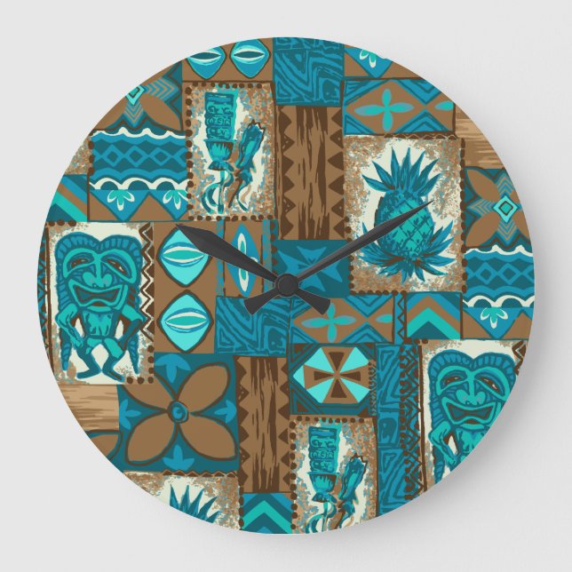 Pomaika’i Tiki Hawaiian Vintage Tapa Large Clock (Front)