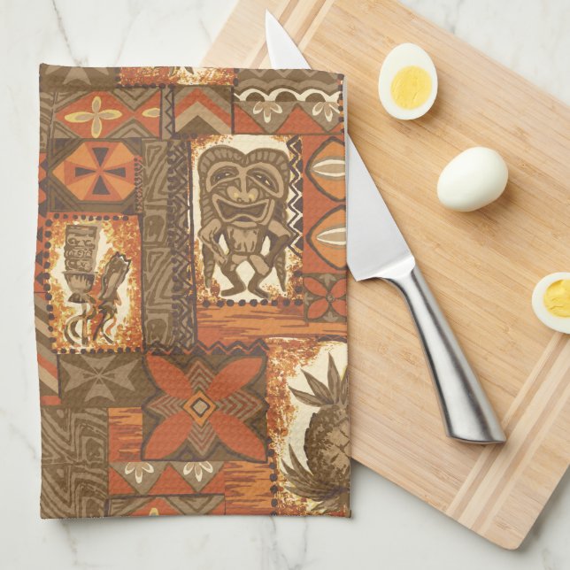 Pomaika’i Tiki Hawaiian Vintage Tapa Tea Towel (Quarter Fold)