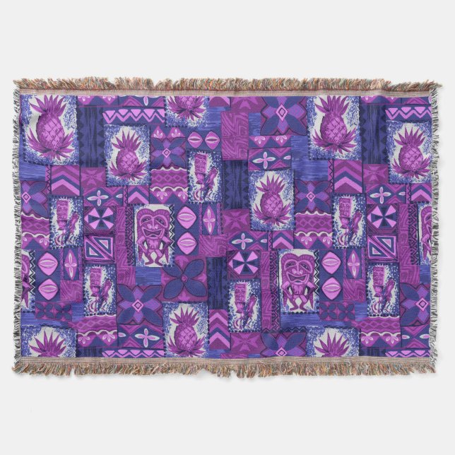 Pomaika’i Tiki Hawaiian Vintage Tapa Throw Blanket (Front)