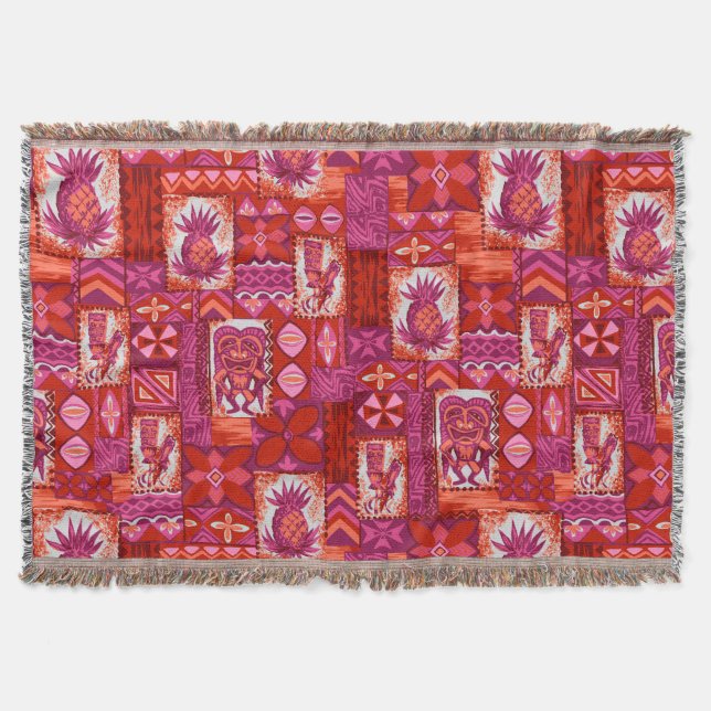 Pomaika’i Tiki Hawaiian Vintage Tapa Throw Blanket (Front)