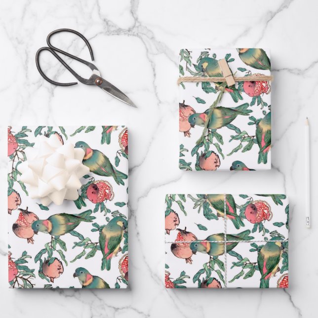 Pomegranate and Lovebirds Pattern Wrapping Paper Sheet (Front)