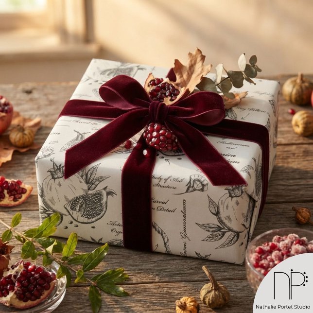 Pomegranate and Mediterranean Moth Wrapping Paper (Elegant hand-drawn vintage pomegranate and European moth study in gray ink for nature lover)