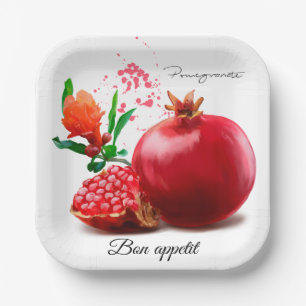 Pomegranate and splatter. Watercolor illustration Paper Plate