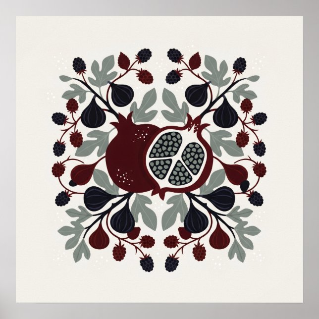 Pomegranate Fig Blackberry Botanical Wreath Art Poster (Front)