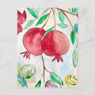 Pomegranate fruit watercolor red and green postcard