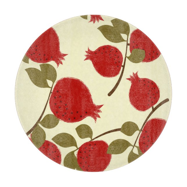 Pomegranate Fruits: Cartoon Yellow Background Cutting Board (Front)