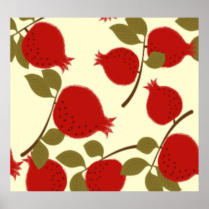 Pomegranate Fruits: Cartoon Yellow Background Poster