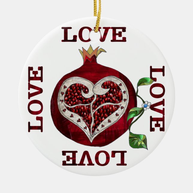 Pomegranate Heart LOVE Valentine Ceramic Tree Decoration (Front)