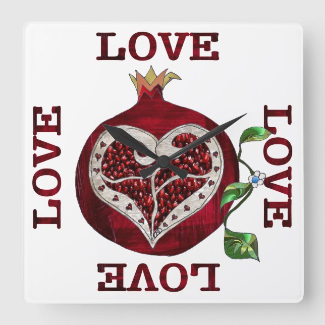 Pomegranate Heart LOVE Valentine Square Wall Clock (Front)