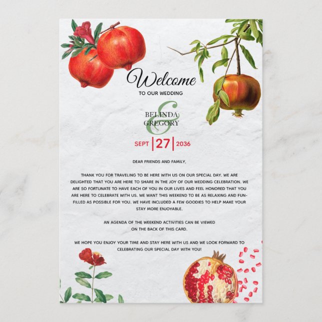 Pomegranate Mediterranean Wedding Itinerary  Programme (Front)