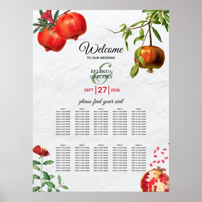 Pomegranate Mediterranean Wedding Seating Chart (Front)