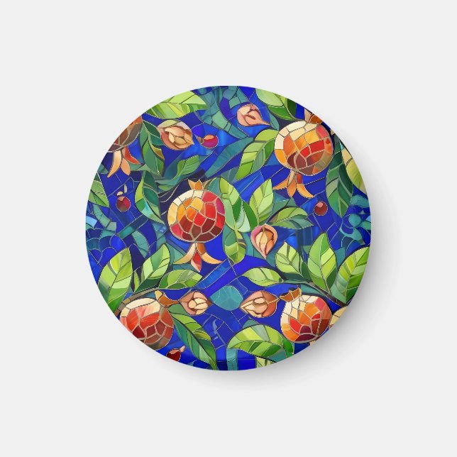 Pomegranate Pattern Dark Blue and Red Fruit Mosaic Magnet (Front)