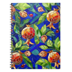 Pomegranate Pattern Dark Blue and Red Fruit Mosaic Notebook