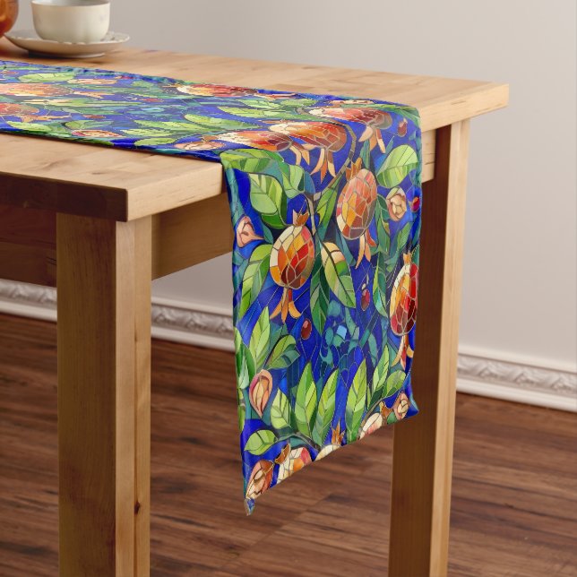 Pomegranate Pattern Dark Blue and Red Fruit Mosaic Short Table Runner (In Situ)