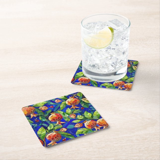Pomegranate Pattern Dark Blue and Red Fruit Mosaic Square Paper Coaster (Insitu)