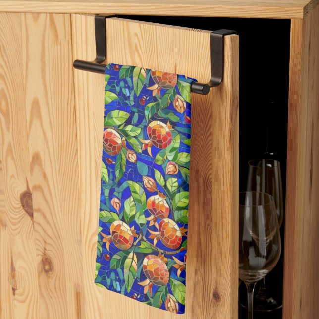 Pomegranate Pattern Dark Blue and Red Fruit Mosaic Tea Towel (Thirds Fold)