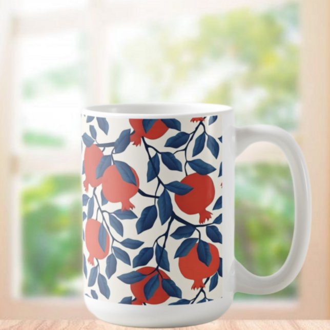 Pomegranate Pattern, Vibrant Red & Blue Botanical  Coffee Mug (Creator Uploaded)