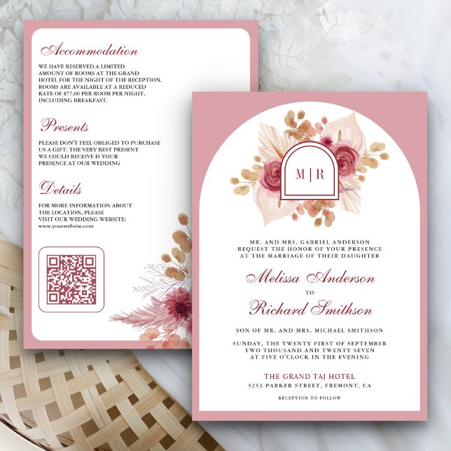 Pomegranate Pink Floral Pampas QR Code Wedding Invitation (Creator Uploaded)