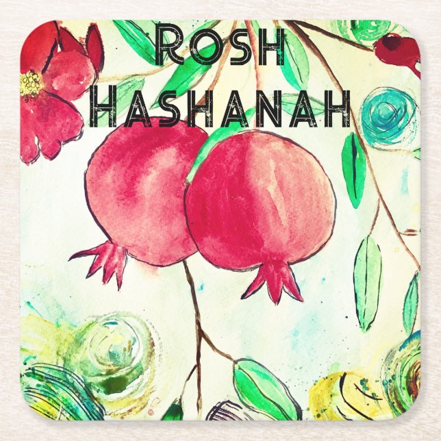 Pomegranate Rosh Hashanah Fruit Shana Tova Square Paper Coaster (Front)