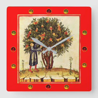 POMEGRANATE TREE MEDIEVAL MINIATURE ,Gemstones,Red Square Wall Clock