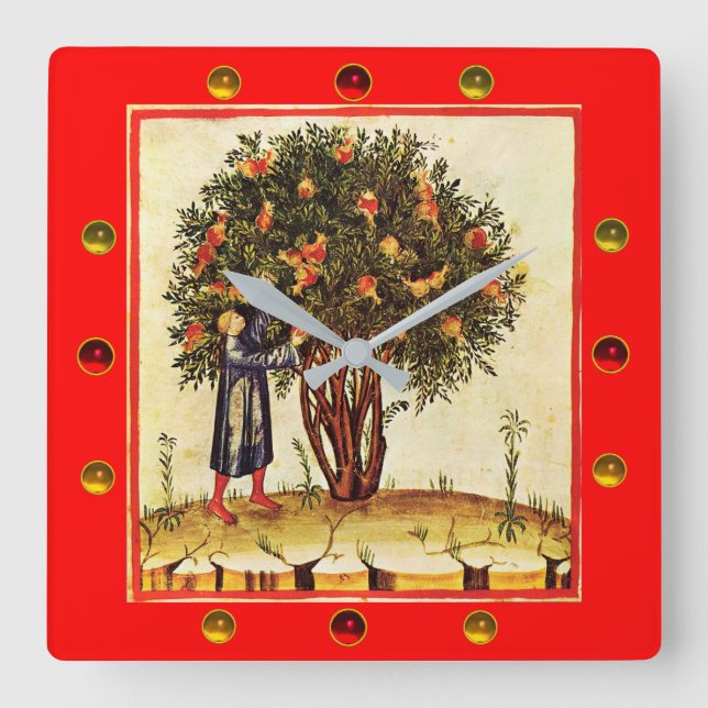 POMEGRANATE TREE MEDIEVAL MINIATURE ,Gemstones,Red Square Wall Clock (Front)