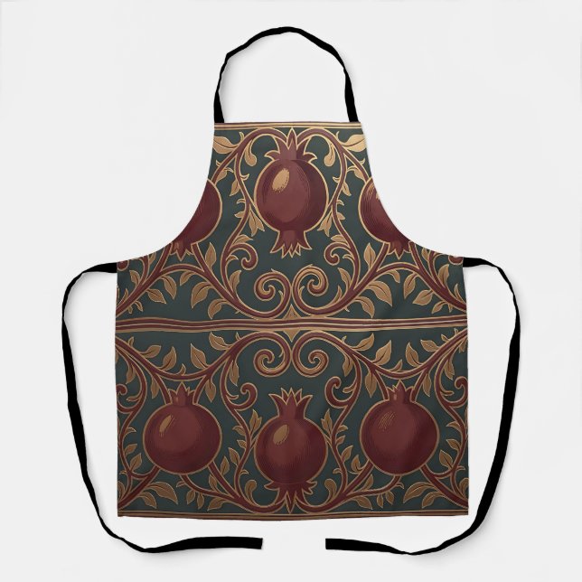 Pomegranate Vine Pattern Dark Green Gold Ornate Apron (Front)