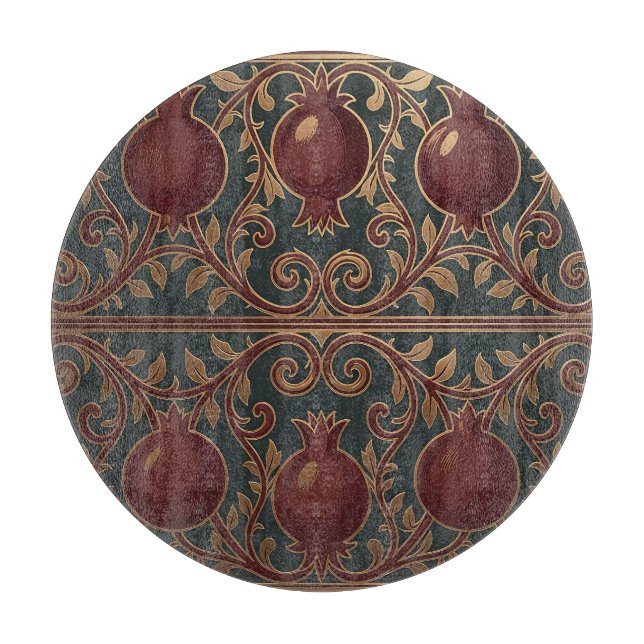 Pomegranate Vine Pattern Dark Green Gold Ornate Cutting Board (Front)