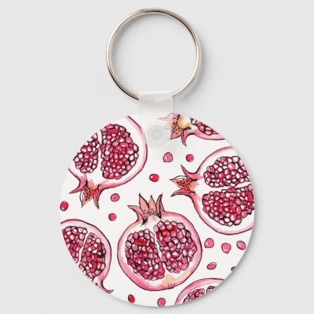 Pomegranate watercolor and ink pattern key ring (Front)