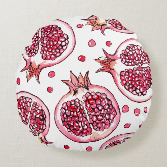 Pomegranate watercolor and ink pattern round cushion (Front)