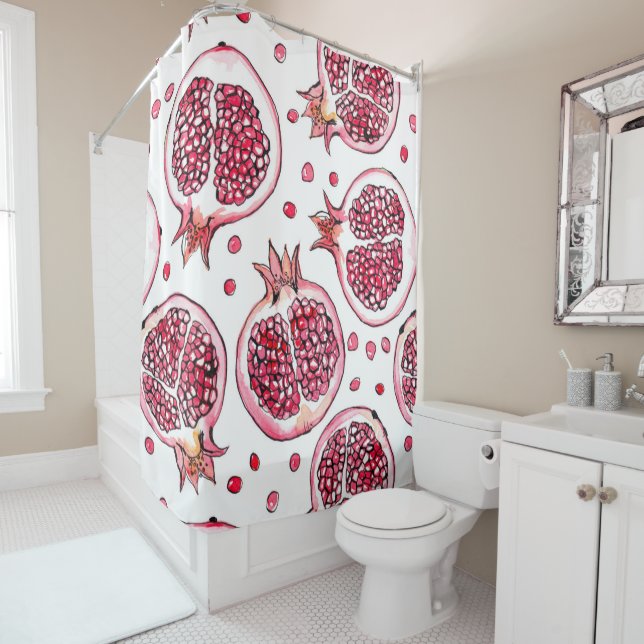 Pomegranate watercolor and ink pattern shower curtain (In Situ)