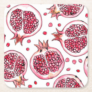 Pomegranate watercolor and ink pattern square paper coaster