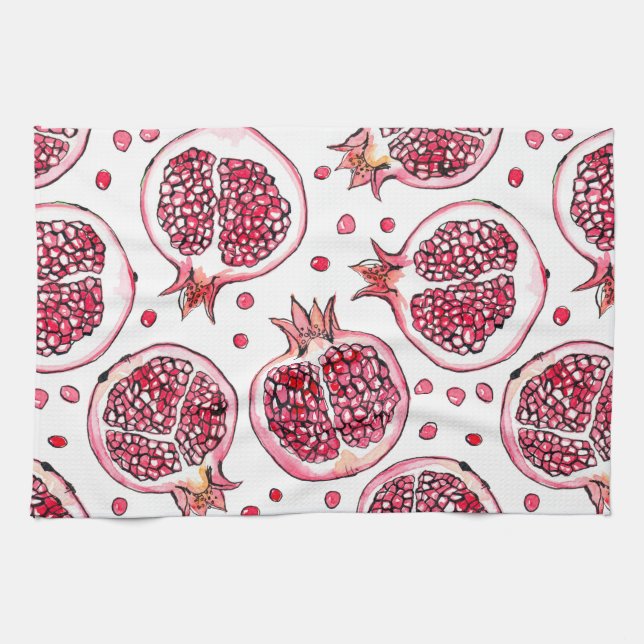 Pomegranate watercolor and ink pattern tea towel (Horizontal)