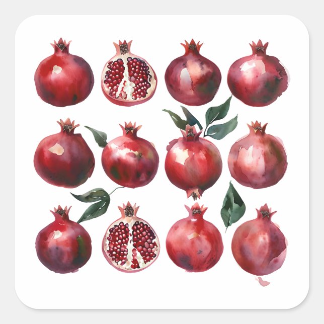 Pomegranate Watercolor Art Square Sticker (Front)