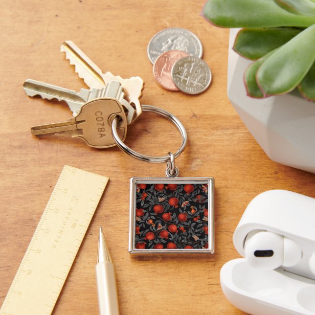 Pomegranates and Bella Moths in red and grey Key Ring (Desk)