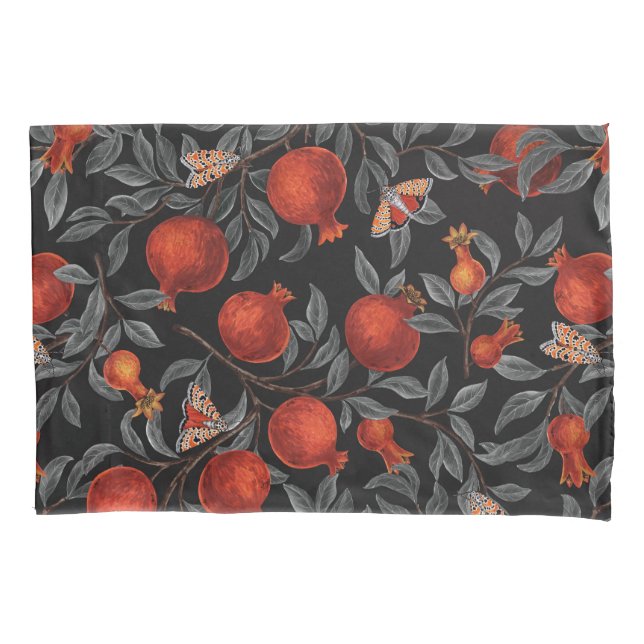 Pomegranates and Bella Moths in red and grey Pillowcase (Front-Left)