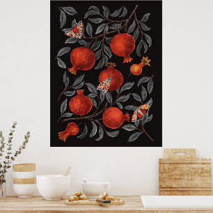 Pomegranates and Bella Moths in red and grey Poster