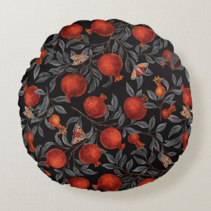 Pomegranates and Bella Moths in red and grey Round Cushion